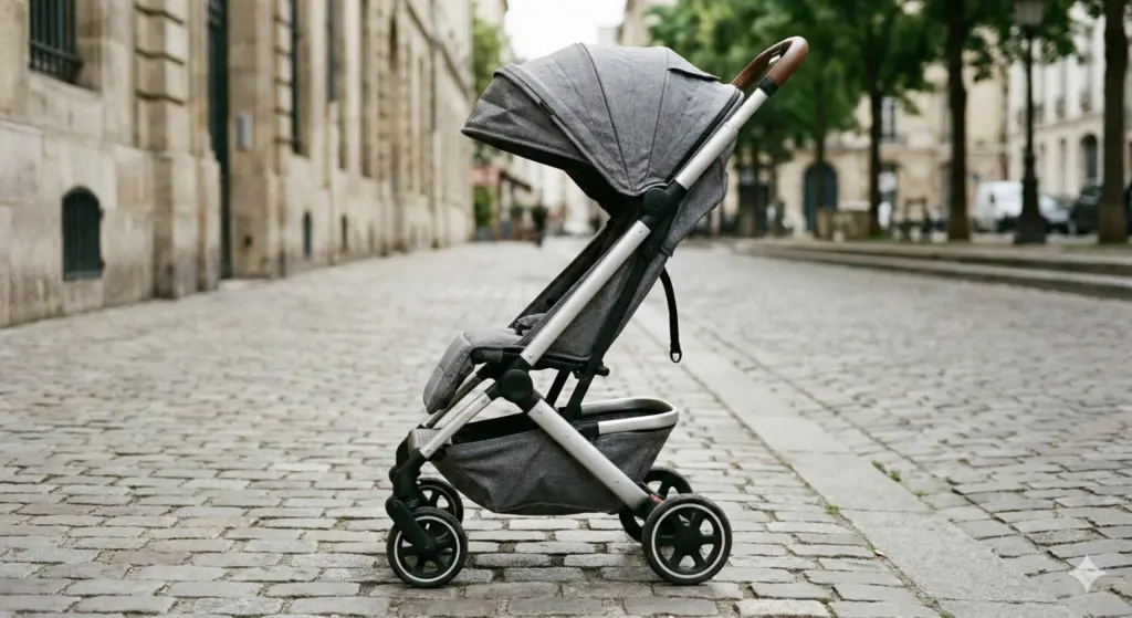 Kompakter Kinderwagen in Seitenansicht – saubere Nähte, stabiler Rahmen und kleine Räder sichtbar