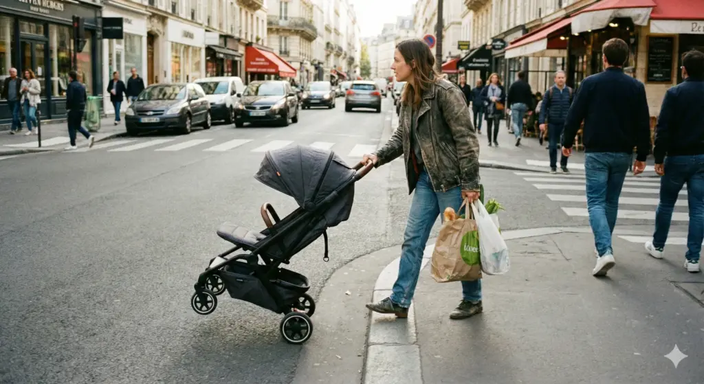 Kompakter Buggy wird einhändig über Bordstein geschoben – Alltagstauglichkeit im Stadtverkehr