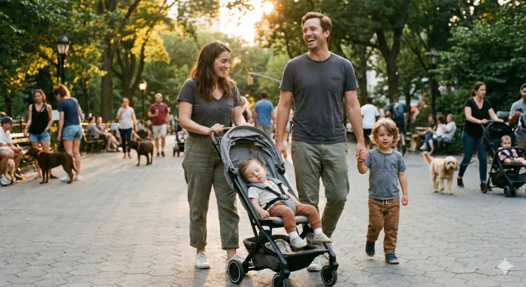 Kompakter Kinderwagen im Park – entspannter Familienausflug mit schlafendem Kind