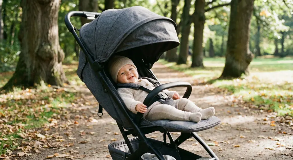 Gepolsterter Buggy-Sitz im Park – Baby liegt entspannt und durch Verdeck geschützt