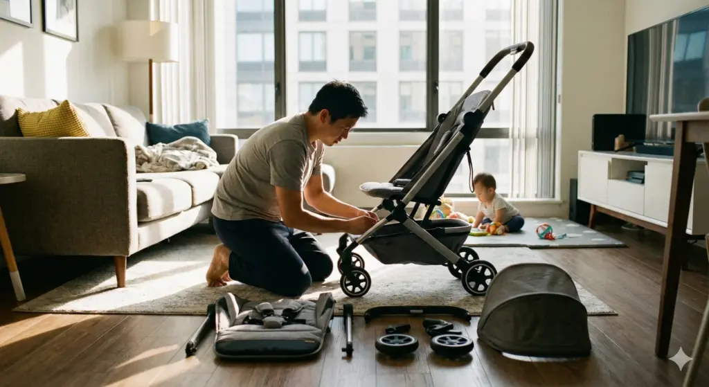 Kompakter Kinderwagen wird im Wohnzimmer aufgebaut – stabiler Rahmen und übersichtliche Einzelteile