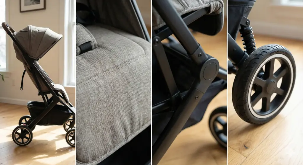 Detailansicht Kinderwagen – saubere Nähte, robuster Stoff und stabiler Rahmen sichtbar