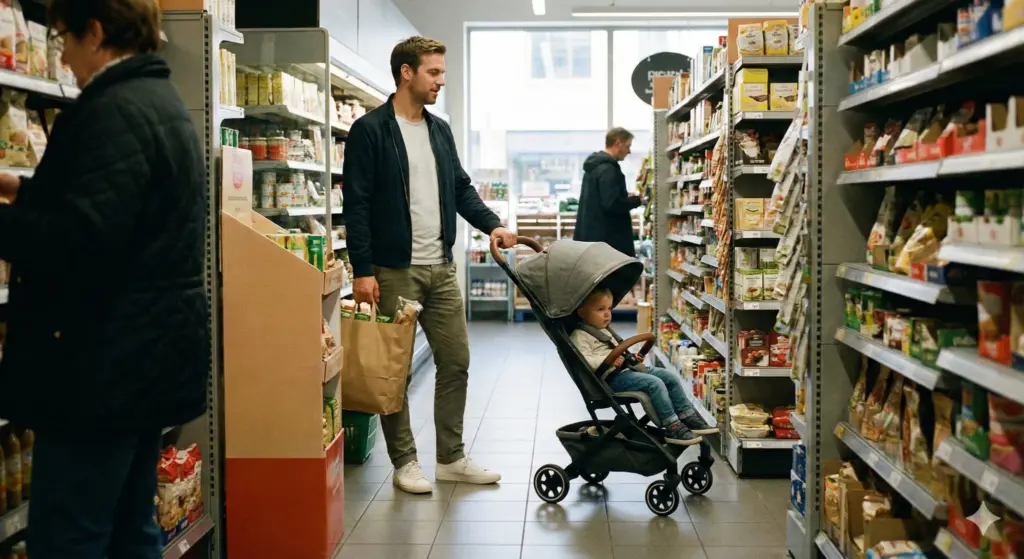 Kompakter Kinderwagen im Supermarkt – einhändiges Schieben im engen Gang
