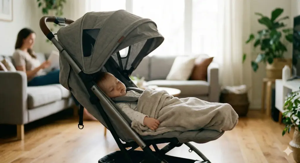 Gepolsterte Liegefläche im Kinderwagen – Baby liegt ruhig und geschützt