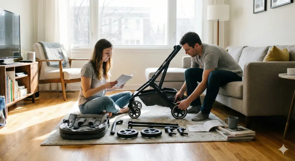 Kompakter Kinderwagen wird im Wohnzimmer aufgebaut – stabiler Rahmen und übersichtlicher Aufbau