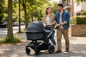 Kombi-Kinderwagen auf ruhigem Gehweg im Wohnviertel – stabiles Schieben bei täglichem Spaziergang