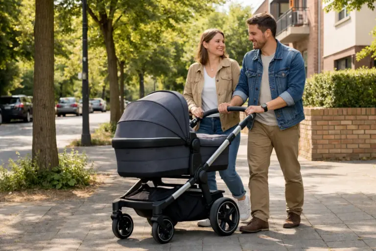Kombi-Kinderwagen auf ruhigem Gehweg im Wohnviertel – stabiles Schieben bei täglichem Spaziergang