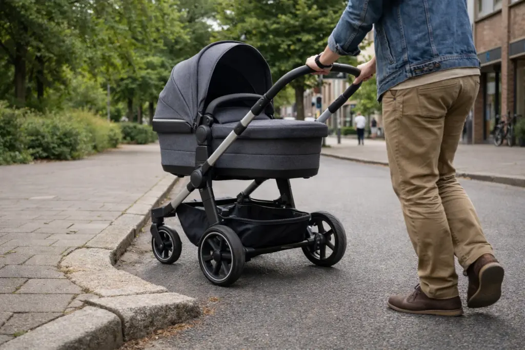 Kombi-Kinderwagen über Bordstein geschoben – ruhiges Fahrverhalten im Stadtalltag