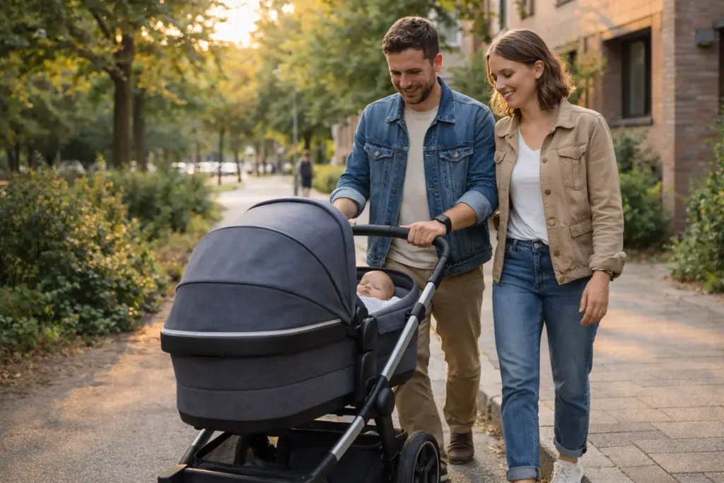 Kombi-Kinderwagen beim Spaziergang mit Familie – entspannte Nutzung im Alltag