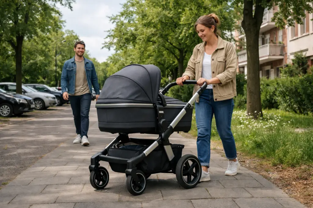 Kombikinderwagen auf Parkweg in Bewegung – große Räder sorgen für ruhiges Fahrverhalten