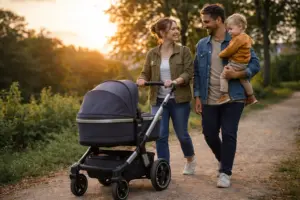 Stabiler Kombikinderwagen im Stadtviertel – ruhiges Schieben auf breitem Gehweg bei Spaziergang