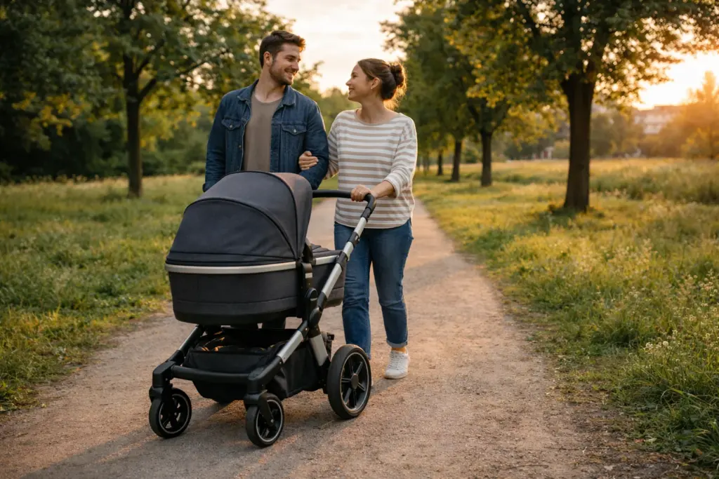 Kombikinderwagen beim Familien-Spaziergang am Abend – entspannte Nutzung im Alltag