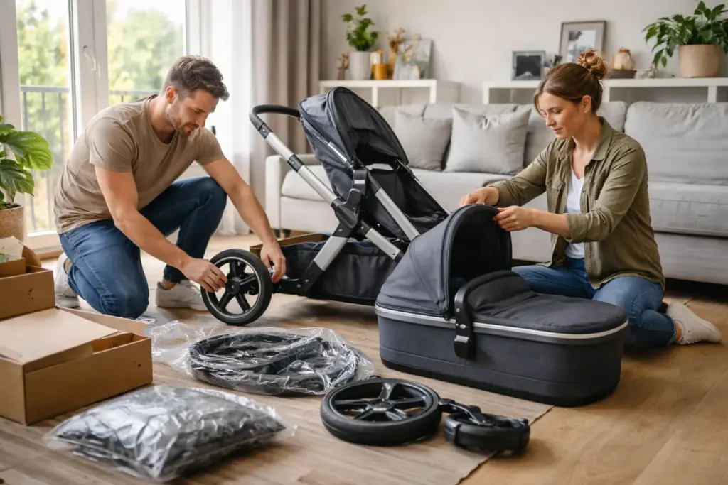 Kombikinderwagen wird im Wohnzimmer aufgebaut – stabiler Rahmen und übersichtliche Einzelteile