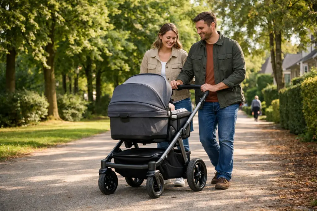 Kombikinderwagen auf breitem Parkweg – ruhiges Schieben und stabile Straßenlage im Alltag