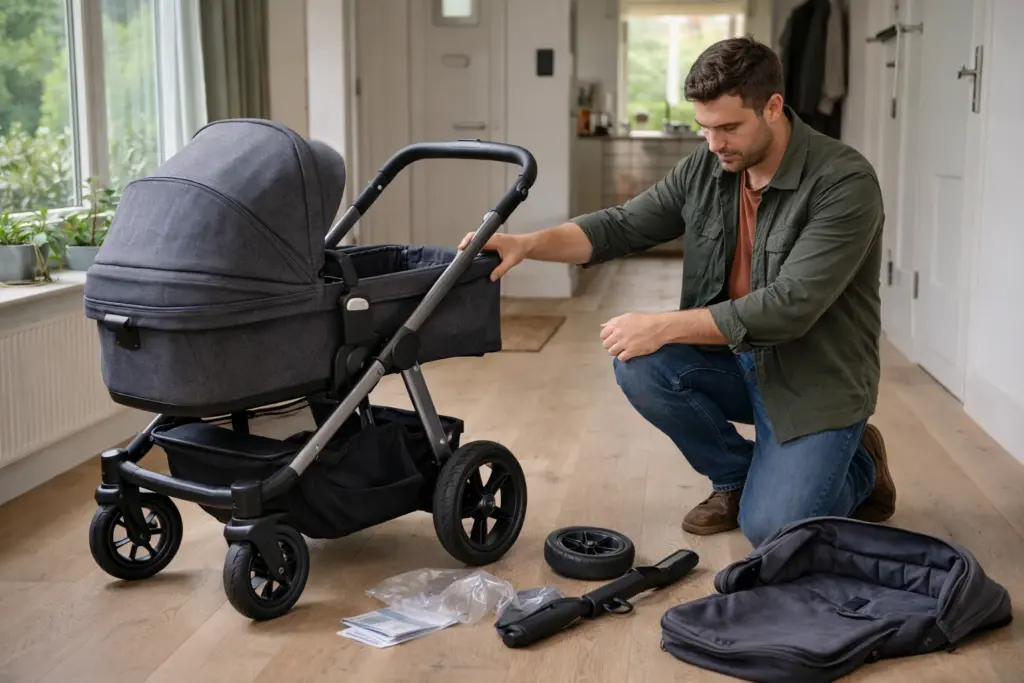 Kombikinderwagen wird im Wohnraum aufgebaut – stabiler Rahmen und übersichtlicher Aufbau
