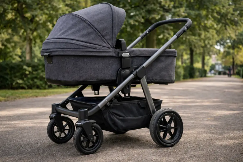 Kombikinderwagen im Seitenprofil – feste Stoffe, saubere Nähte und großer Radsatz sichtbar