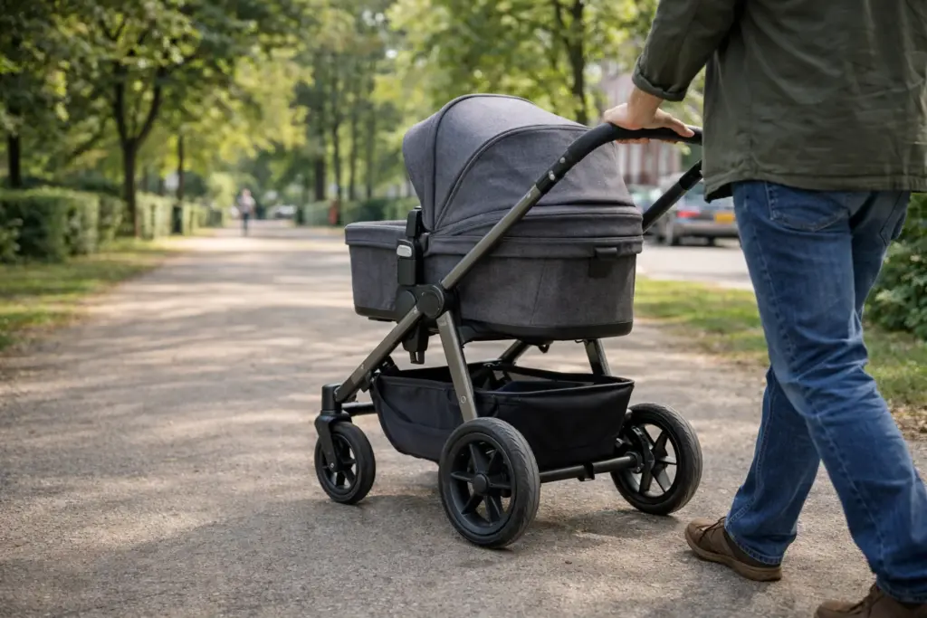 Kombikinderwagen in Bewegung auf Parkweg – große Räder sorgen für ruhiges Fahrverhalten