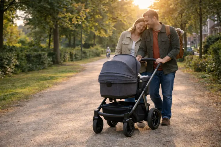 Kombikinderwagen auf breitem Parkweg – ruhiges Schieben und stabile Straßenlage im Alltag