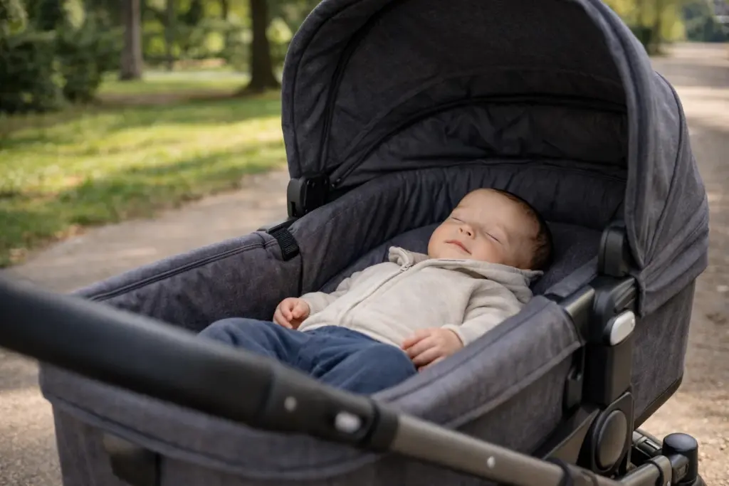 Großzügig gepolsterte Liegefläche im Kinderwagen – Baby liegt ruhig und gut geschützt