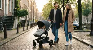 Kompakter City-Kinderwagen auf gepflasterter Straße – ruhiges Schieben im urbanen Alltag