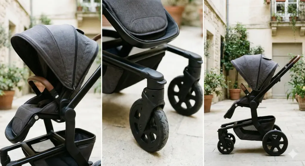 City-Kinderwagen in Seitenansicht – saubere Nähte, robuste Räder und stabiler Rahmen