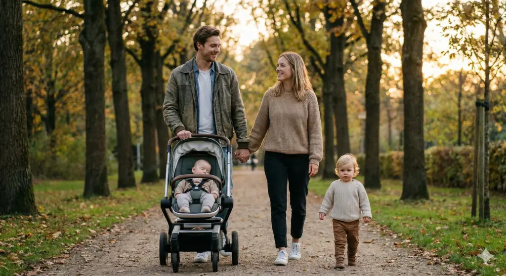 Familie unterwegs mit Kinderwagen im Park – entspannter Spaziergang im Alltag