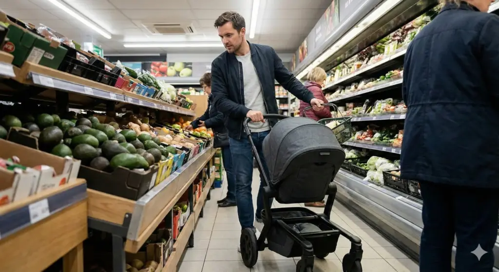 Kinderwagen im Supermarktgang – einhändiges Schieben in enger Umgebung