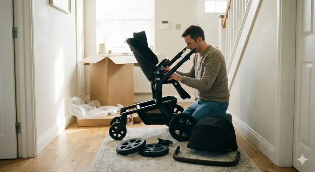 Kinderwagen wird im Wohnraum aufgebaut – stabiler Rahmen und übersichtliche Montage