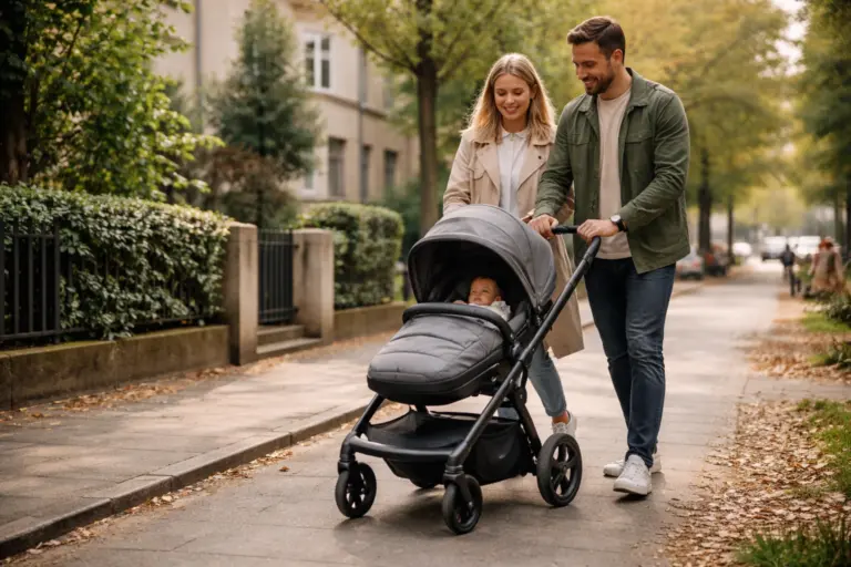 Kompakter City-Kinderwagen auf ruhigem Gehweg – wendiges Schieben im urbanen Alltag