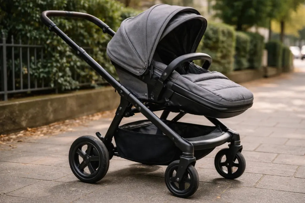 City-Kinderwagen in Seitenansicht – saubere Nähte, stabiler Rahmen und robuste Räder