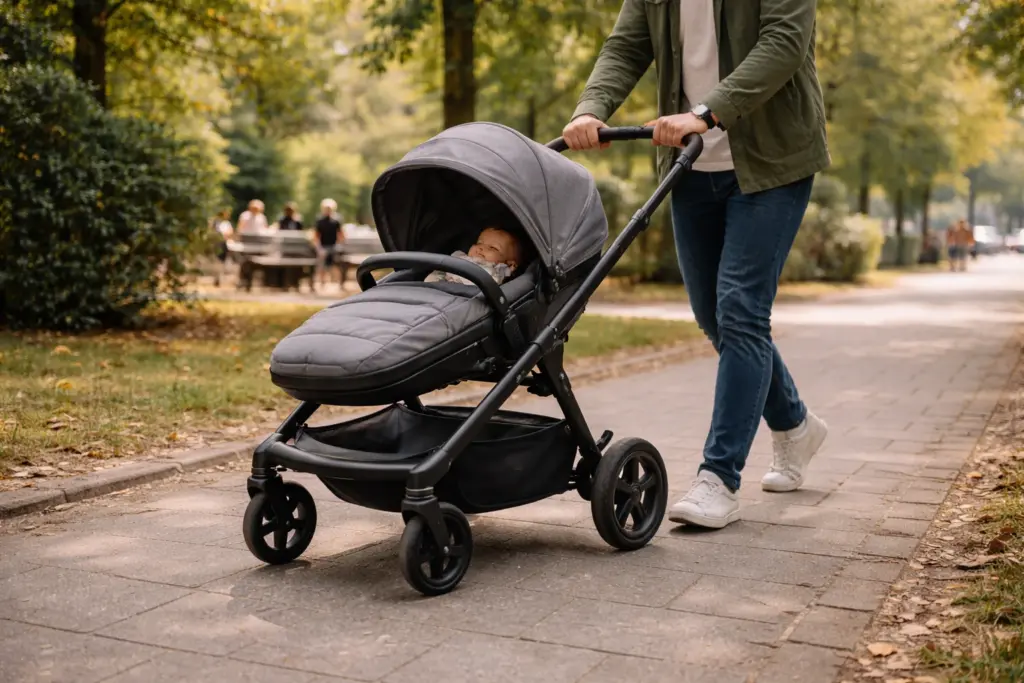 Kinderwagen in Bewegung im Park – ruhiges Fahrverhalten auf ebenem Untergrund
