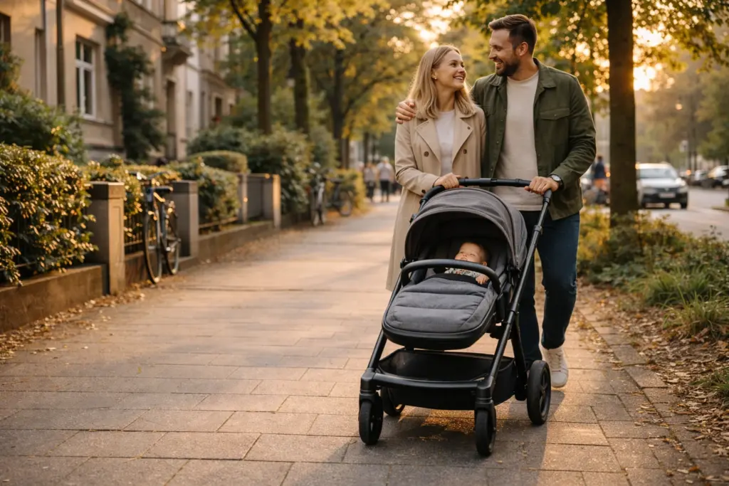 Kinderwagen im Stadtspaziergang mit Familie – entspannte Nutzung im Alltag