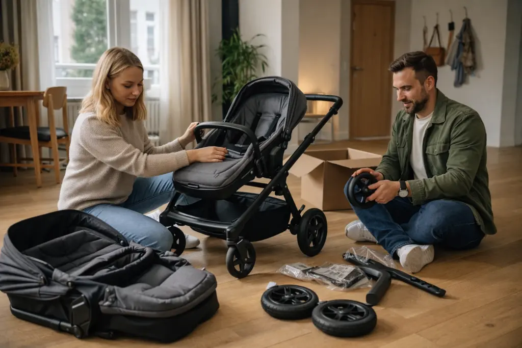 Kinderwagen wird im Wohnzimmer aufgebaut – stabiler Rahmen und wertige Materialien sichtbar