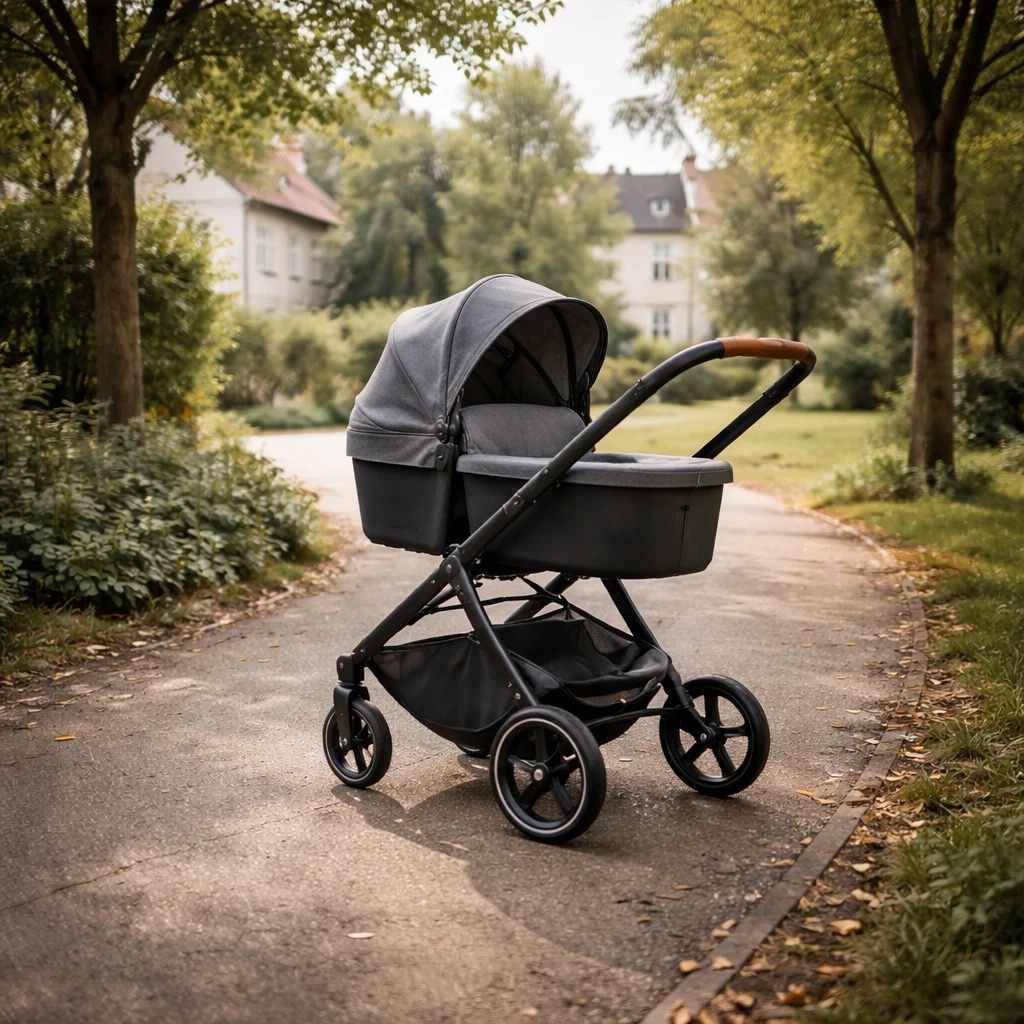 Moderner Kinderwagen im Alltag auf einem ruhigen Gehweg im Park