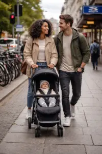 Kompakter City-Buggy auf schmalem Gehweg – wendiges Schieben im dichten Stadtverkehr