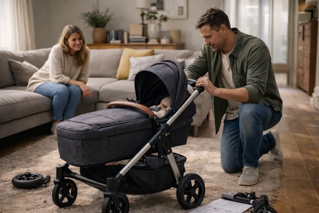 Kinderwagen wird im Wohnzimmer aufgebaut – stabiler Rahmen und übersichtliche Montage