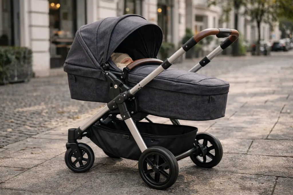 Kombikinderwagen in Seitenansicht – saubere Verarbeitung von Stoffen, Rahmen und Rädern