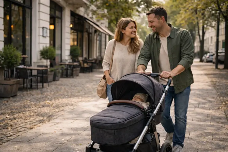 Kombikinderwagen auf breitem Stadtgehweg – ruhiges Schieben im urbanen Alltag mit Baby