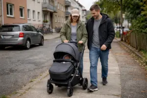 Kompakter Kombikinderwagen im Stadtviertel – Eltern schieben Baby entspannt auf dem Gehweg
