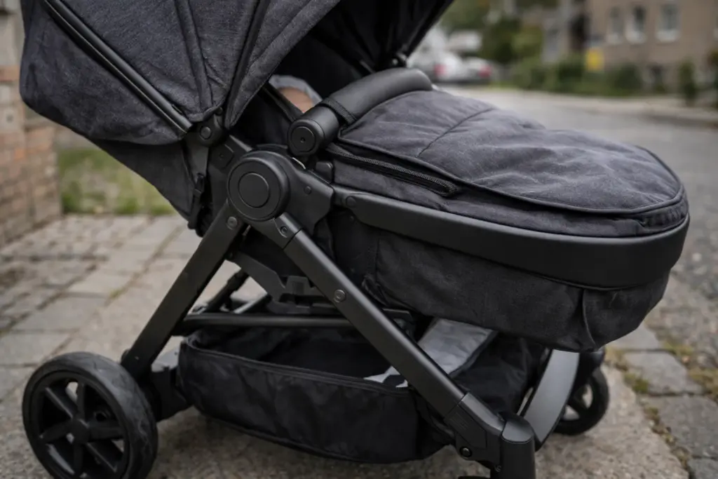Sauber verarbeiteter Kinderwagen – Stoffe, Nähte und Räder im Alltagsumfeld