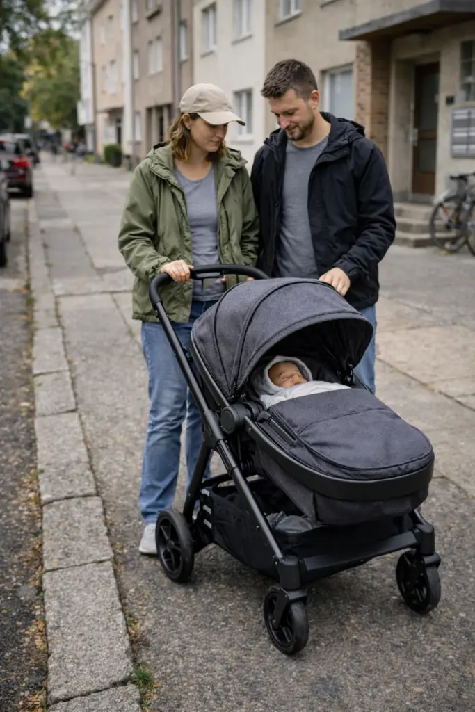 Kinderwagen steht vor Hauseingang – kompakt abgestellt während kurzer Alltagspause