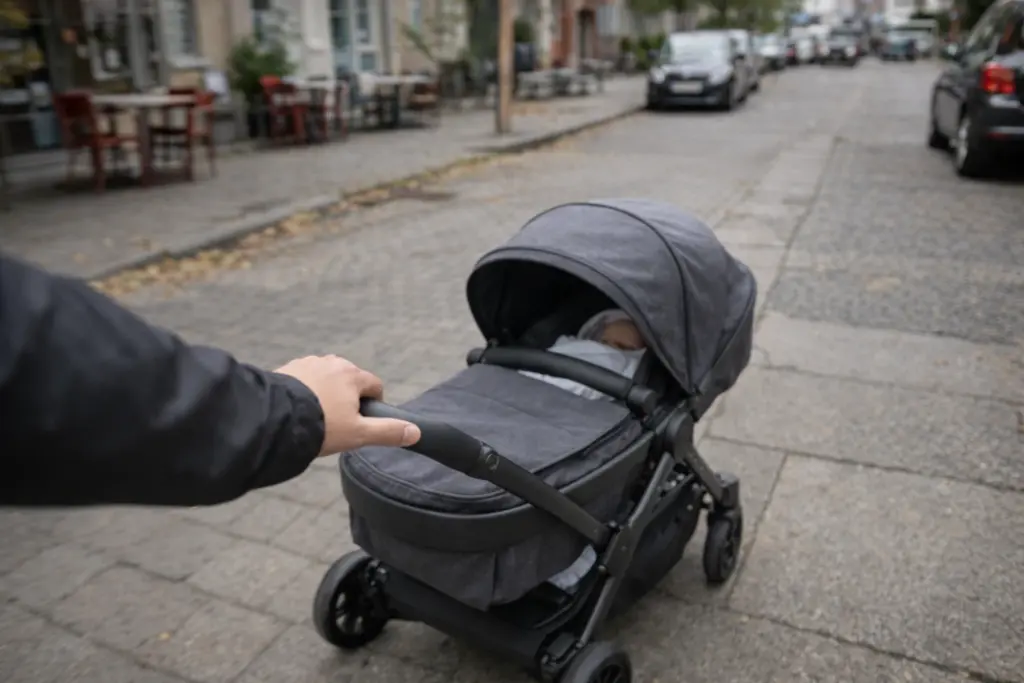 Kinderwagen wird einhändig durch Wohnviertel geschoben – wendig im Stadtalltag