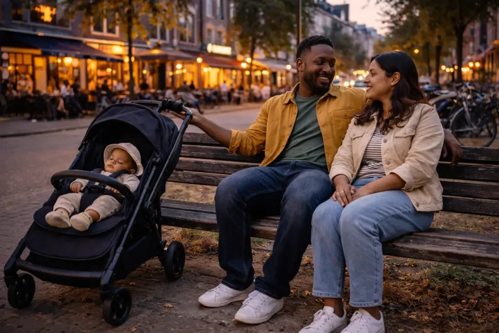 Kinderwagen neben Parkbank am Abend – entspannte Nutzung im urbanen Alltag