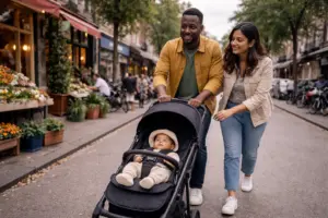 Kompakter Kinderwagen im Stadtalltag – entspanntes Schieben durch belebte Wohnstraße