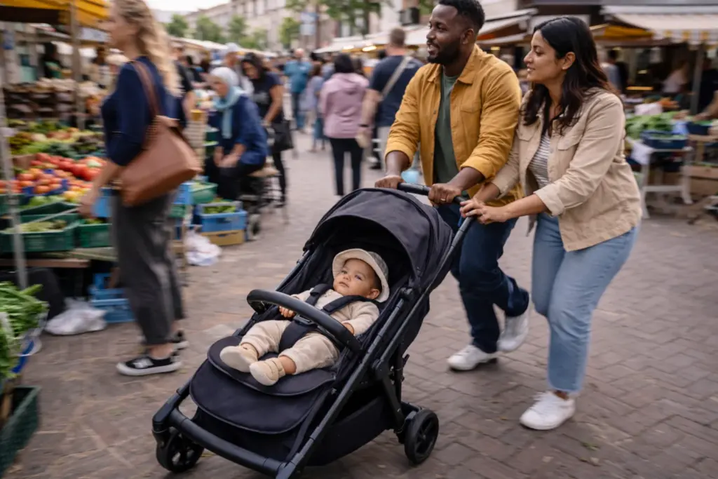 Kinderwagen in Bewegung auf Wochenmarkt – wendiges Manövrieren im dichten Stadtleben