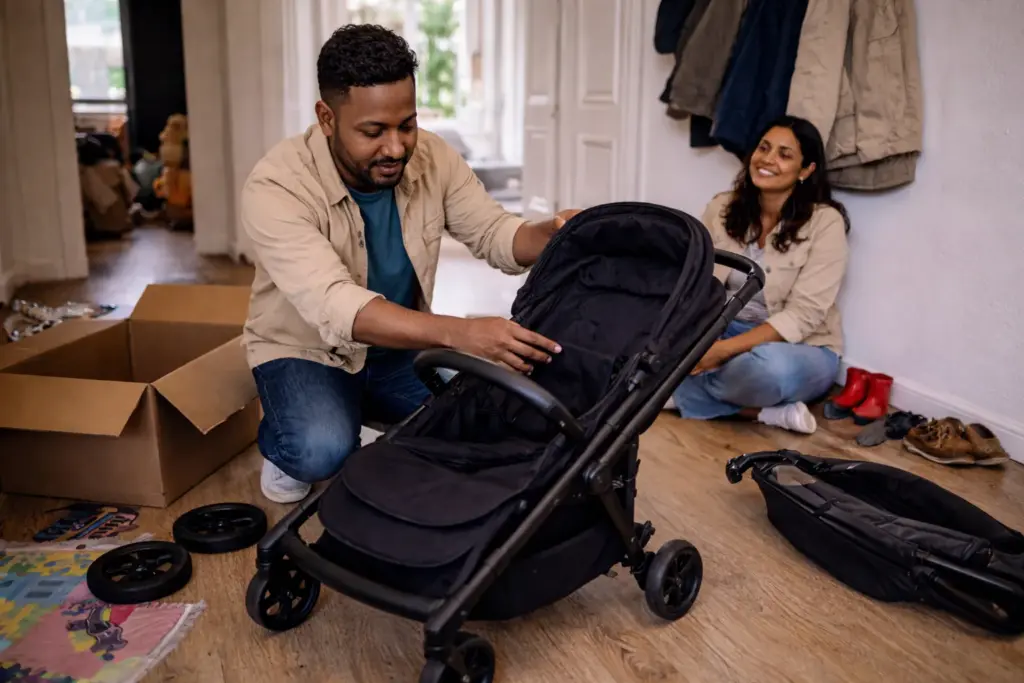 Kinderwagen wird in Wohnung aufgebaut – stabiler Rahmen und übersichtlicher Aufbau im Alltag