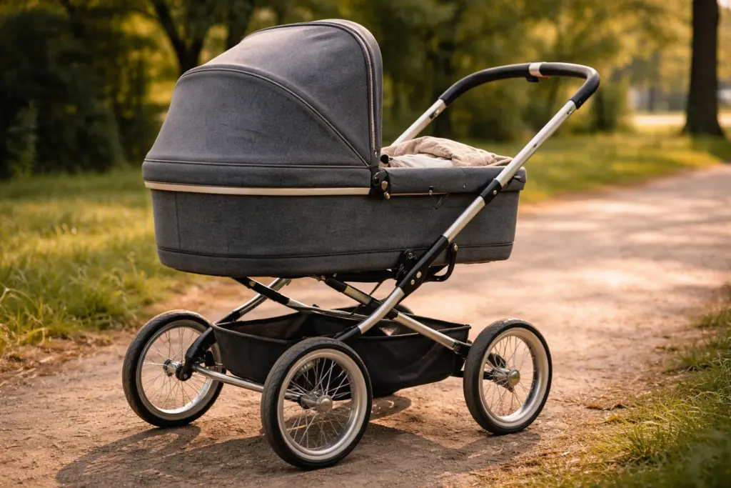 Kinderwagen im Park aus seitlicher Perspektive – Stoffe, Rahmen und Räder gut erkennbar