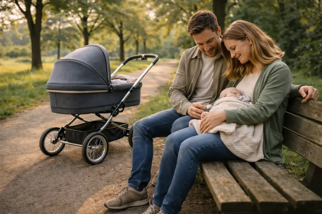 Kinderwagen in Bewegung auf ruhigem Gehweg – stabiles Fahrverhalten beim Spazierengehen