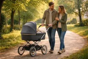 Klassischer Kinderwagen auf ruhigem Parkweg – entspanntes Schieben bei gleichmäßigem Untergrund