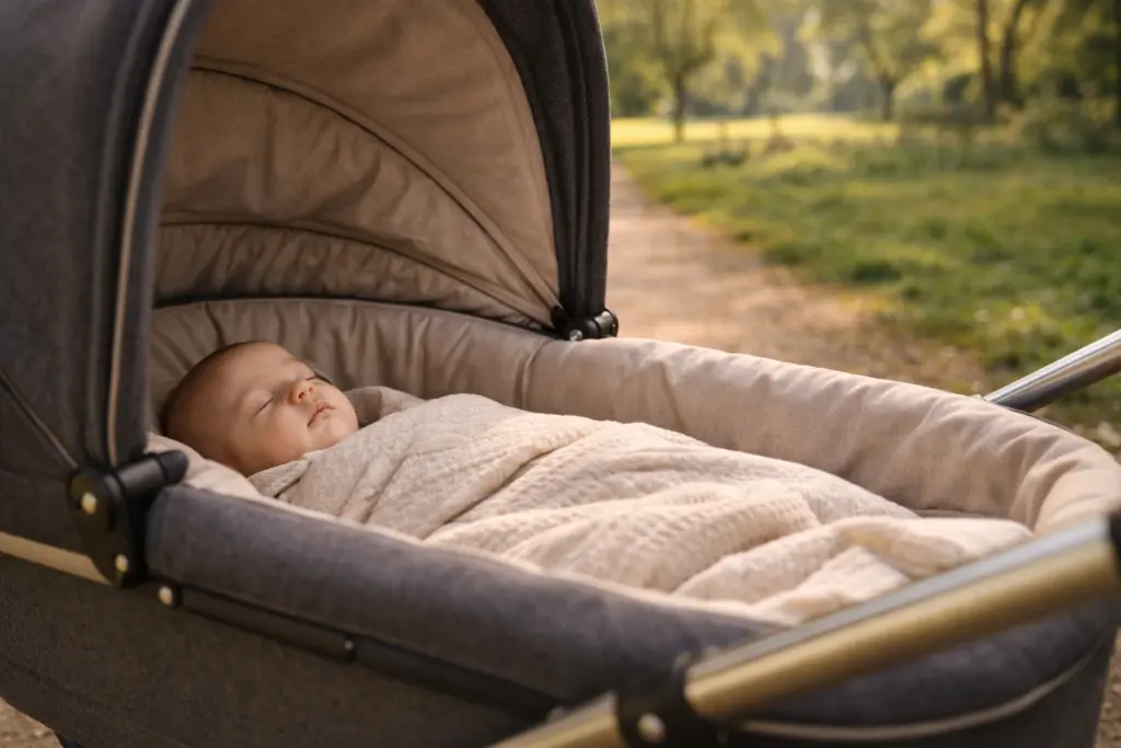 Großzügig gepolsterte Liegefläche im Kinderwagen – Baby liegt ruhig und geschützt